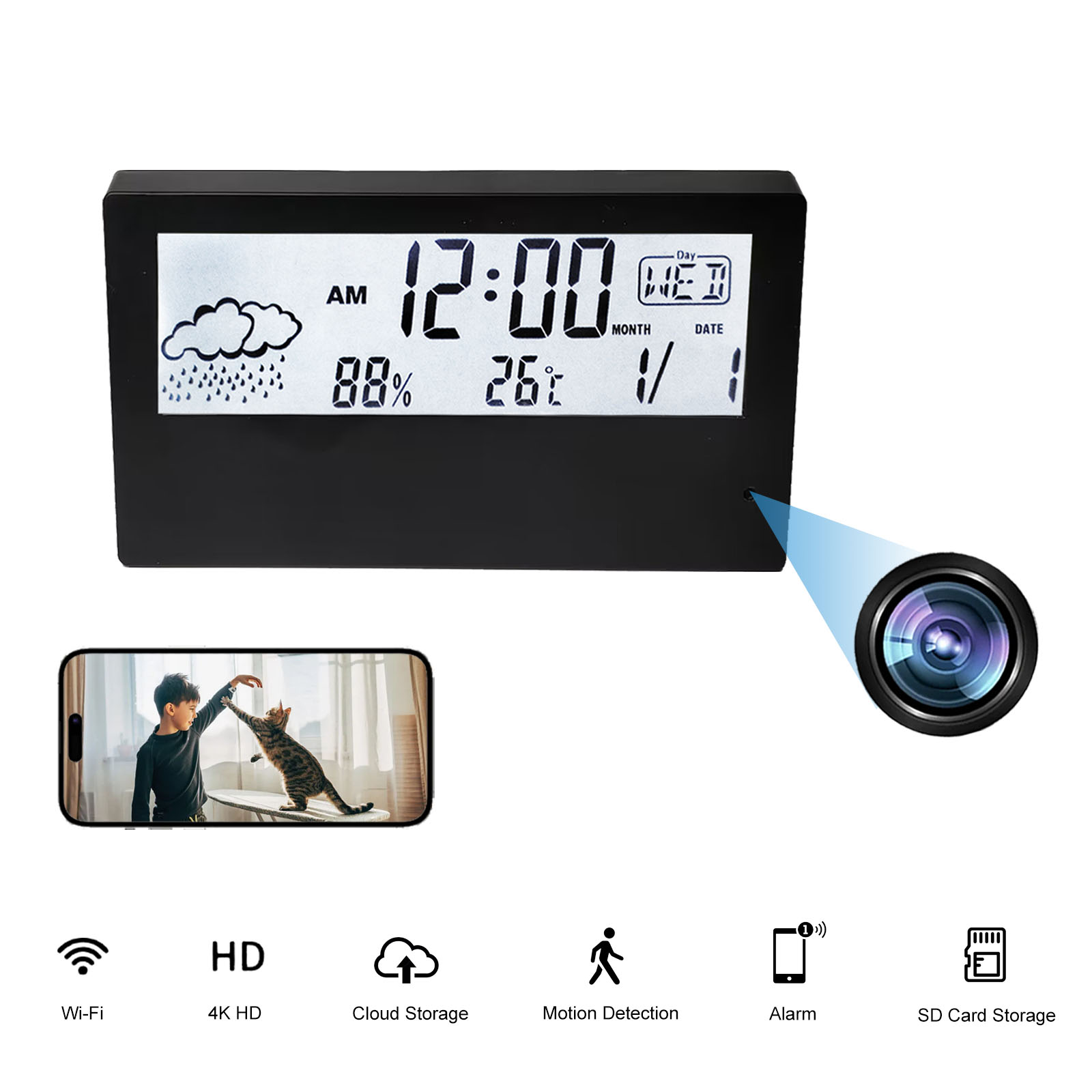 Hidden Camera Clock - Kamera jam Alarm nirkabel 4K HD