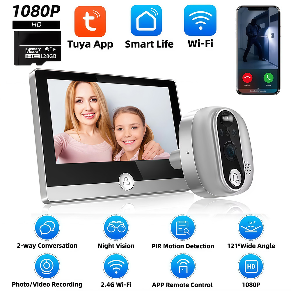 Home Security Doorbell Camera - Tuya kamera bel pintu WiFi 1080P,